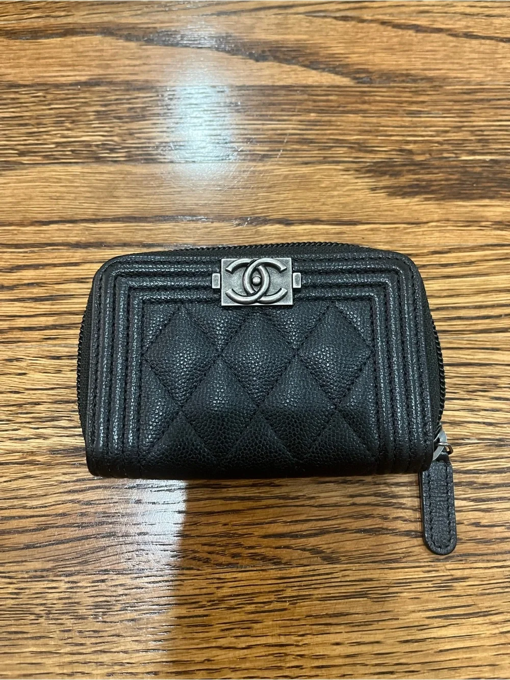 CHANEL Black Quilted Caviar Leather Zip Wallet with Silver CC